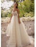 Thin Straps Beaded Lace Pleated Tulle Wedding Dress